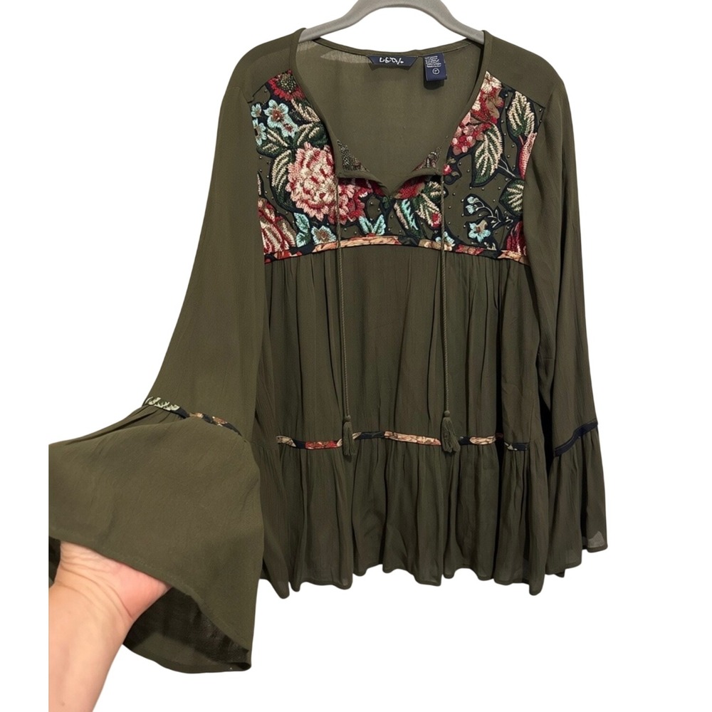 Embroidered Blouse Womens Large Green Fairy Boho Peasant Cottage Bell Sleeve Top